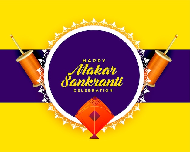 Free vector indian makar sankranti festival greeting with kites and spool of strings