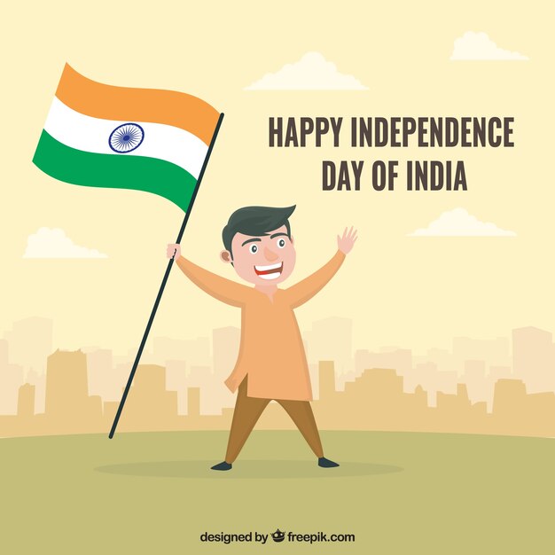Индийский человек празднует день независимости с флагом