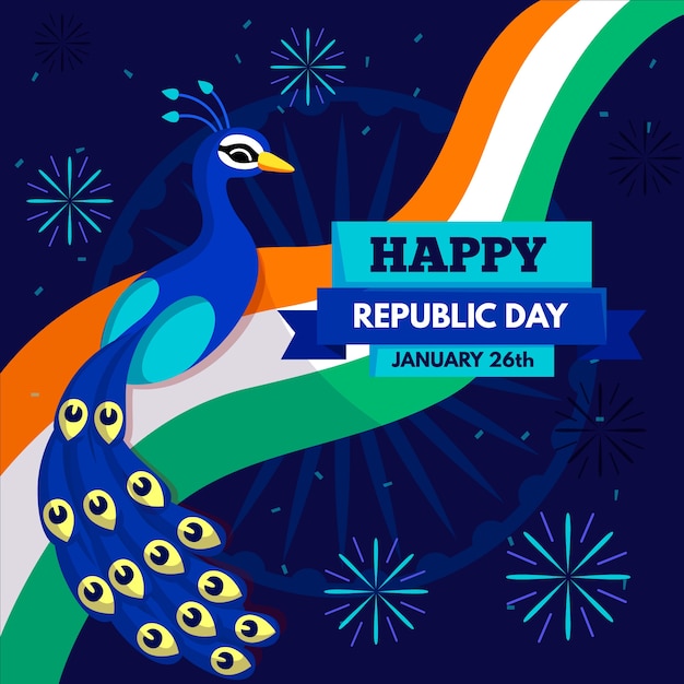 Free vector indian republic day flat design background with peacock