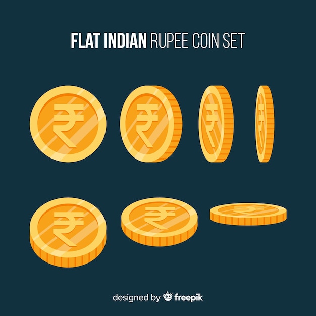 Indian rupee coin set in different positions