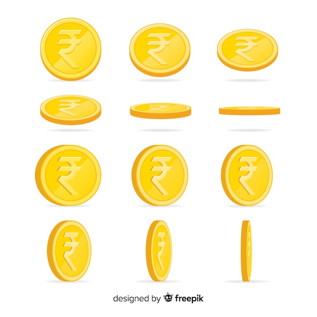 Vettore gratuito set di monete rupia indiana in diverse posizioni