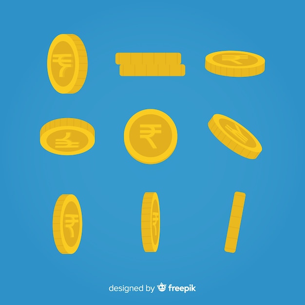 Indian rupee coin set in different positions