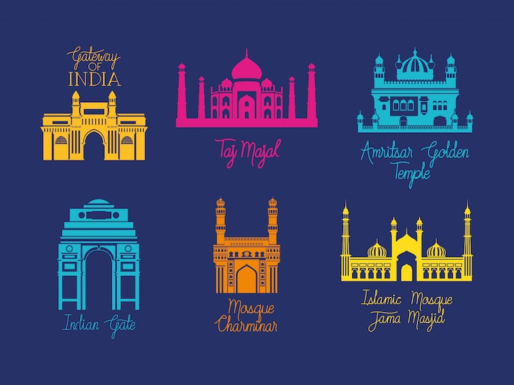 Free Vector indian set temples architecture