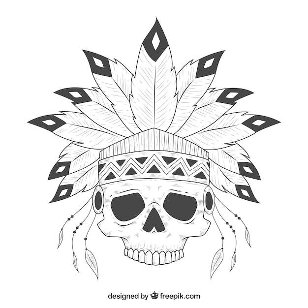 Free vector indian skull with feathers drawn by hand