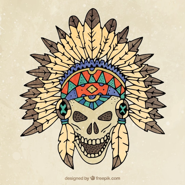 Free vector indian skull with hand drawn feathers
