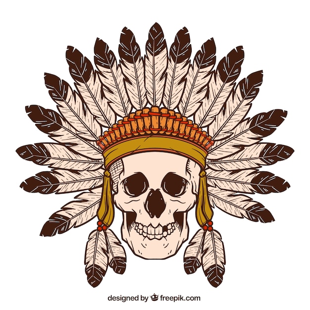 Indian skull with hand drawn feathers