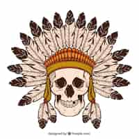 Free vector indian skull with hand drawn feathers