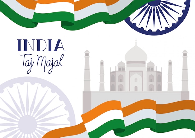 Free vector indian taj majal temple with flag