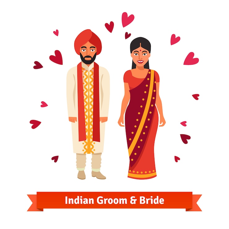 मुफ़्त वेक्टर indian wedding, bride, groom in national costumes