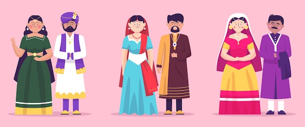 無料ベクター インドの結婚式のキャラクターコレクション