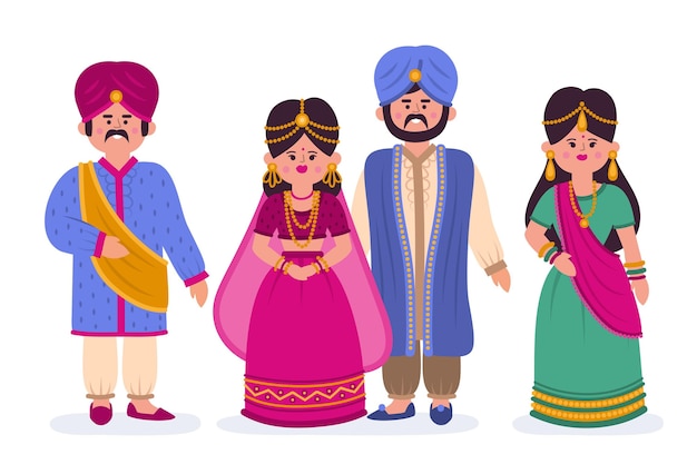 Vettore gratuito pack di personaggi del matrimonio indiano