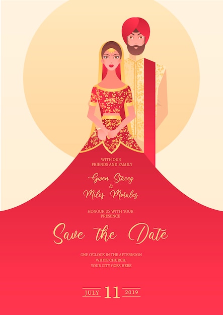 Бесплатное векторное изображение Индийское свадебное приглашение с персонажами