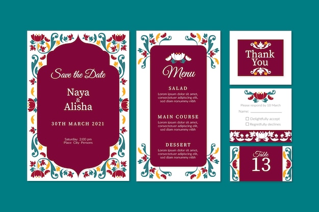 Collezione di articoli di cartoleria per matrimoni indiani