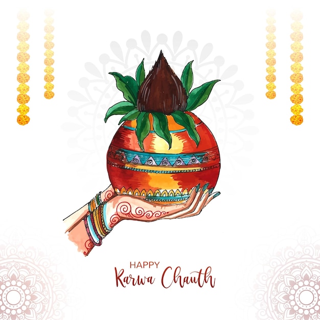 Free vector indian woman holding kalash on hand for festival in karwa chauth background