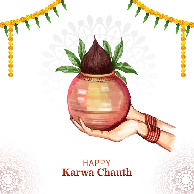 मुफ़्त वेक्टर indian woman holding kalash on hand for festival in karwa chauth background