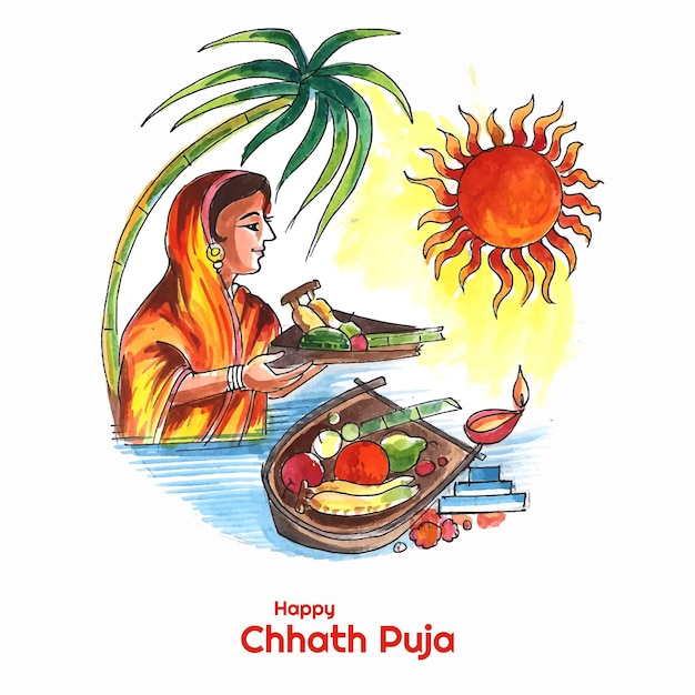 Free vector indian women for happy chhath puja with background and sun