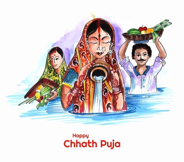 Indian women for happy chhath Puja with background and Sun