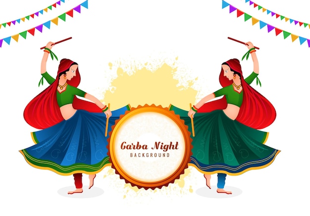 Vettore gratuito donne indiane che giocano a garba in dandiya night navratri dussehra festival di celebrazione dello sfondo