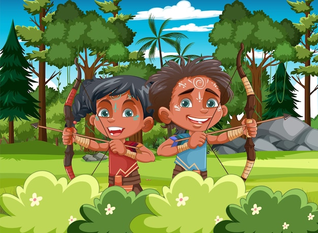 Free vector indigenous people hunting with arrows