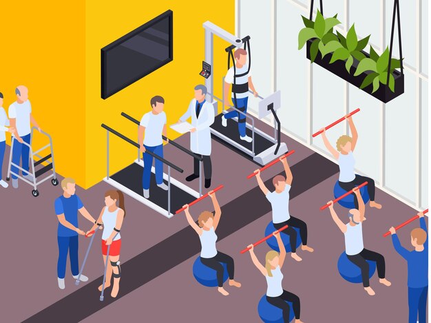 Individual and group functional rehabilitation exercise programs isometric illustration