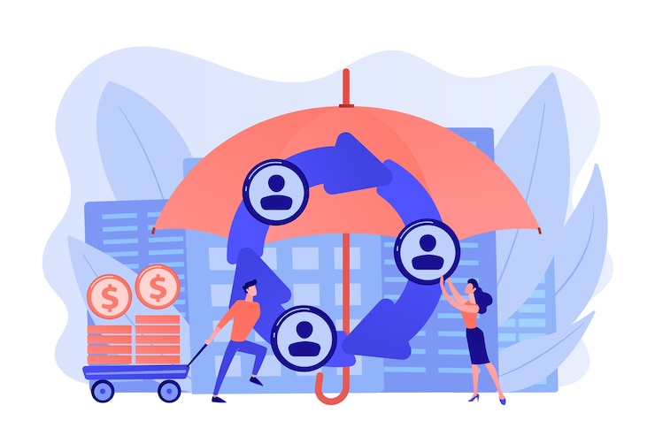 Free Vector individuals pool their premiums together to insure against a risk. peer-to-peer insurance, p2p collaborative risk, new social insurance concept. pinkish coral bluevector isolated illustration