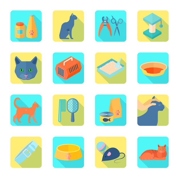 Indoor cat care accessories flat icons set with healthy vet\
approved food abstract shadow isolated vector illustration