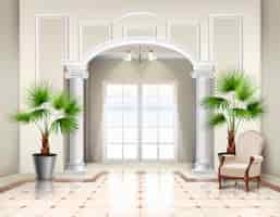 Free vector indoor potted fan palm trees as decorative houseplants in classic spacious vestibule interior realistic