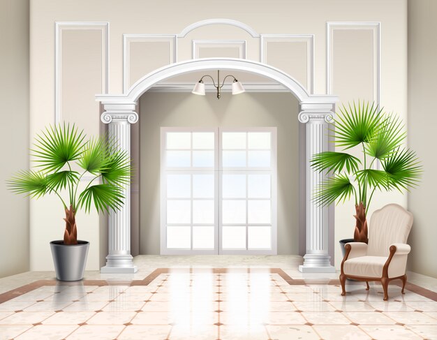 Комнатные комнатные веерные пальмы в качестве декоративных комнатных растений в классическом просторном вестибюле интерьера реалистично