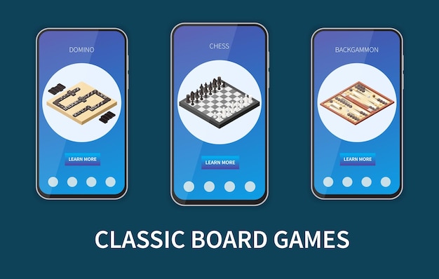 Indoor and table gaming isometric set with classic board game mobile application templates isolated vector illustration