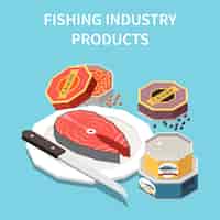 Vettore gratuito manifesto isometrico del fondo di pubblicità di produzione di frutti di mare di pesca di acquacoltura industriale con illustrazione di caviale di pesce di salmone in scatola in scatola