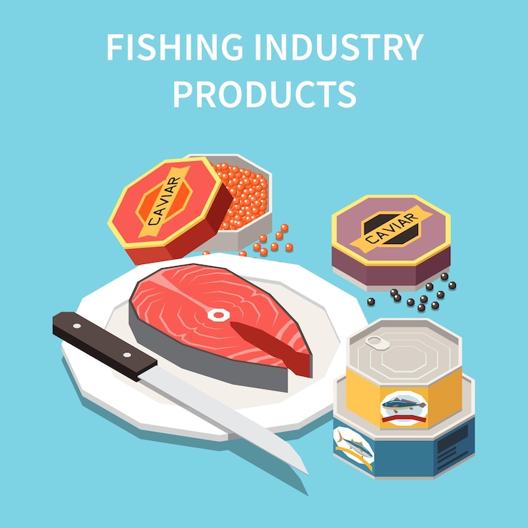 Free Vector industrial aquaculture fishing seafood production isometric advertising background poster with canned tinned salmon fish caviar illustration