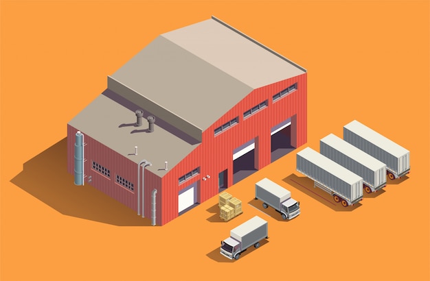 Изометрические композиции промышленных зданий с навесом для хранения ткани и комплектом грузовых автомобилей с контейнерами и ящиками