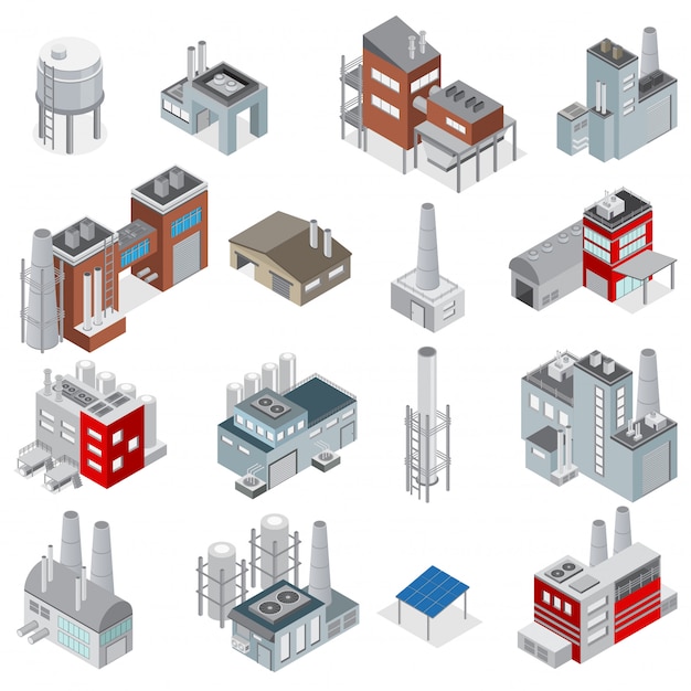 Insieme isometrico degli elementi dei fabbricati industriali per le fabbriche e il costruttore delle centrali elettriche isolato