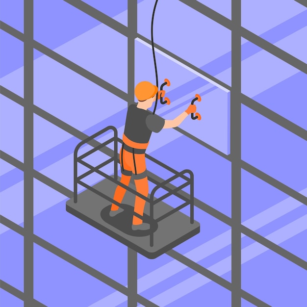 Industrial climber in helmet and safety belt  on platform  at high altitude work isometric composition vector illustration