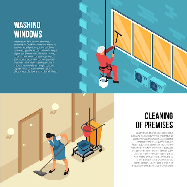 Free vector industrial and commercial cleaning  companies advertising isometric horizontal banners with exterior and interior qualified service vector illustration