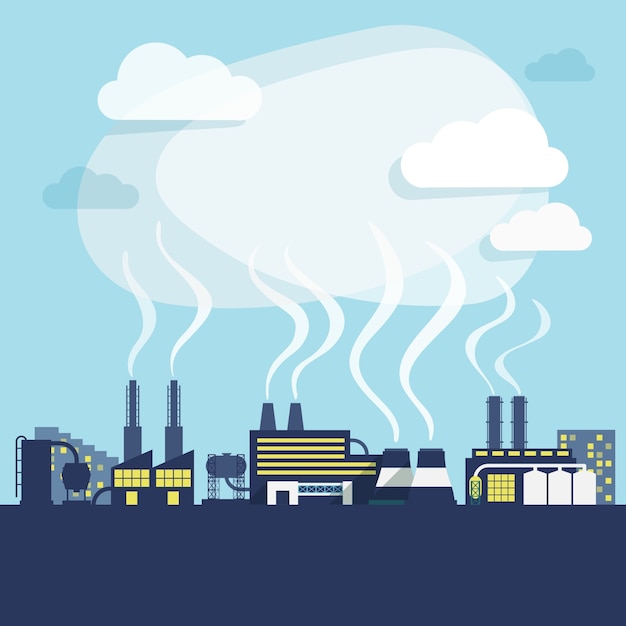 Бесплатное векторное изображение Промышленные объекты завода или завода с загрязнением дыма фона печати векторной иллюстрации
