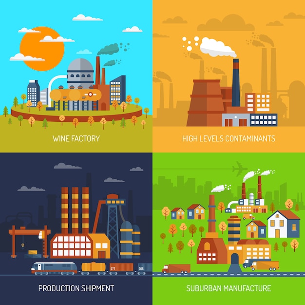 Free vector industrial factories and plants flat set