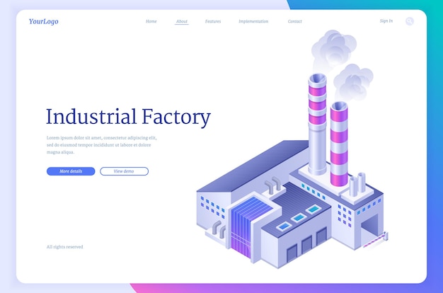 Free vector industrial factory banner. power station, manufacturing facility or production plant. vector landing page with isometric manufactory exterior with chimney pipes and smoke clouds