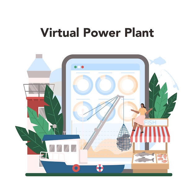 Free vector industrial fishing online service or platform capture fisheries seafood production and farming exotic food vpp virtual power plant isolated flat vector illustration