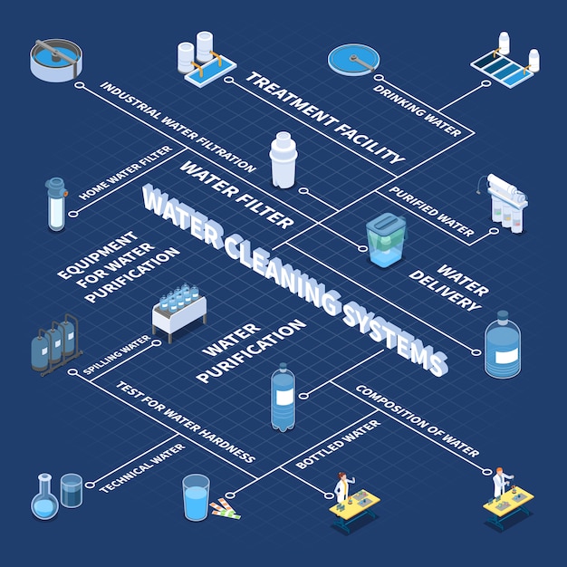 Free vector industrial and home water cleaning systems isometric flowchart on blue vector illustration