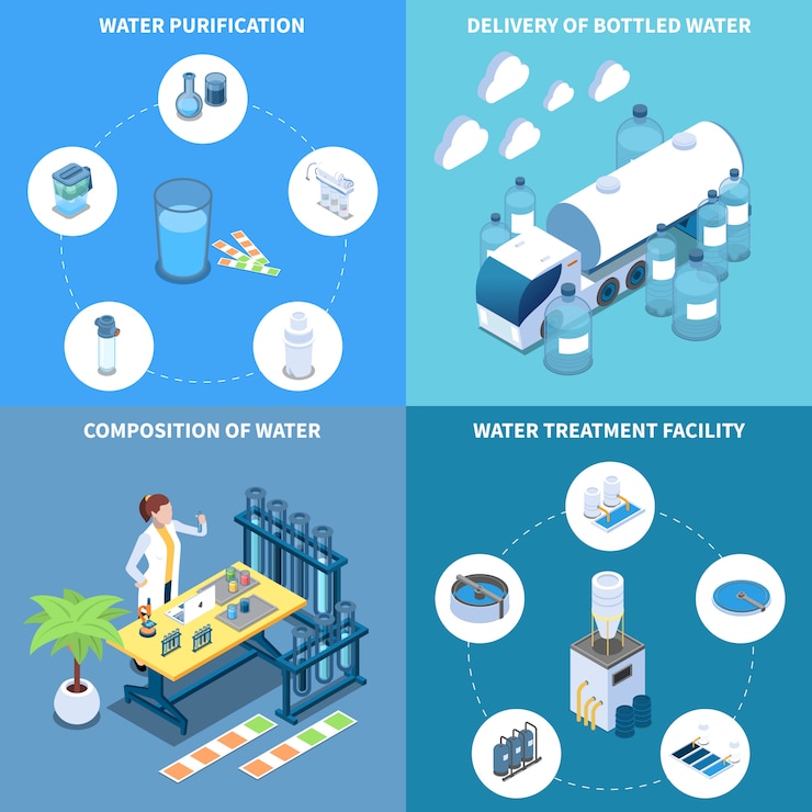 Free Vector industrial and home water purification delivery and composition of drinking liquid isometric design concept isolated vector illustration
