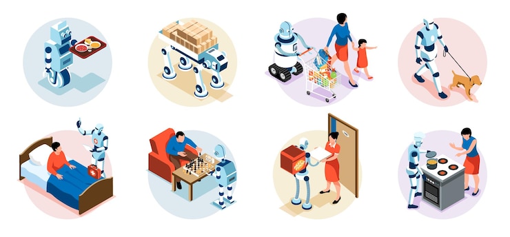 Free Vector industrial and household robot assistant helping people doing chores isometric set isolated 3d vector illustration