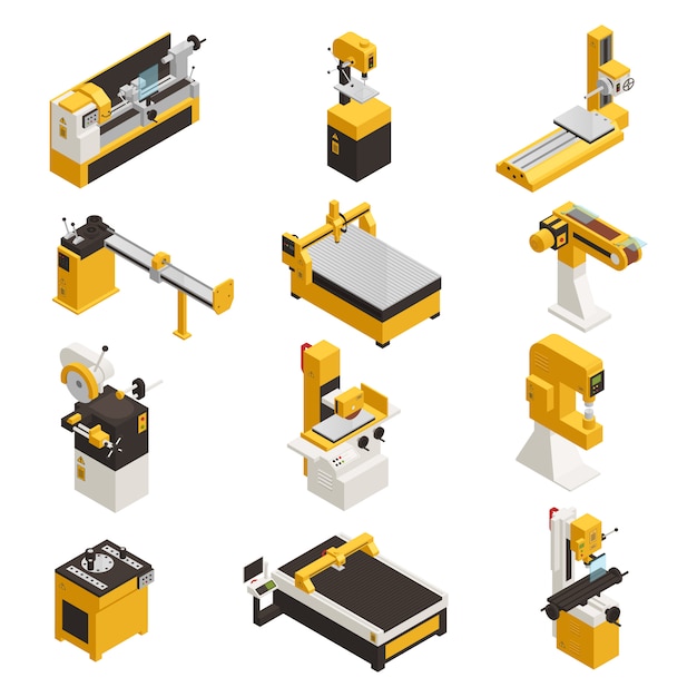 Industrial machinery icons set with technology symbols isometric isolated