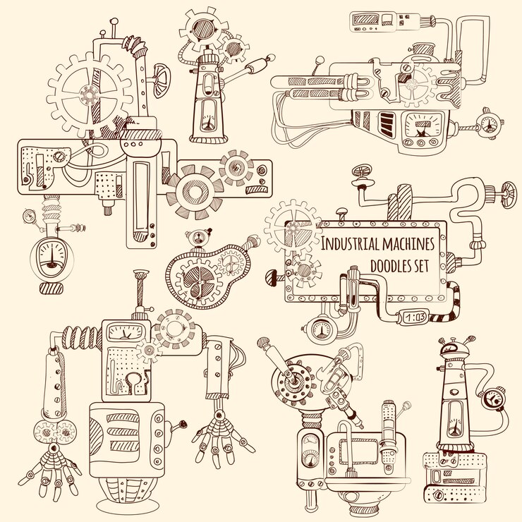 Free Vector industrial machines doodles set