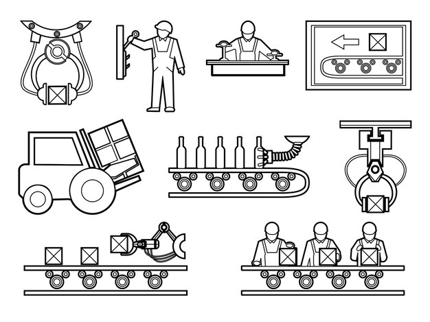 Industrial and manufacturing process elements set in line art style.