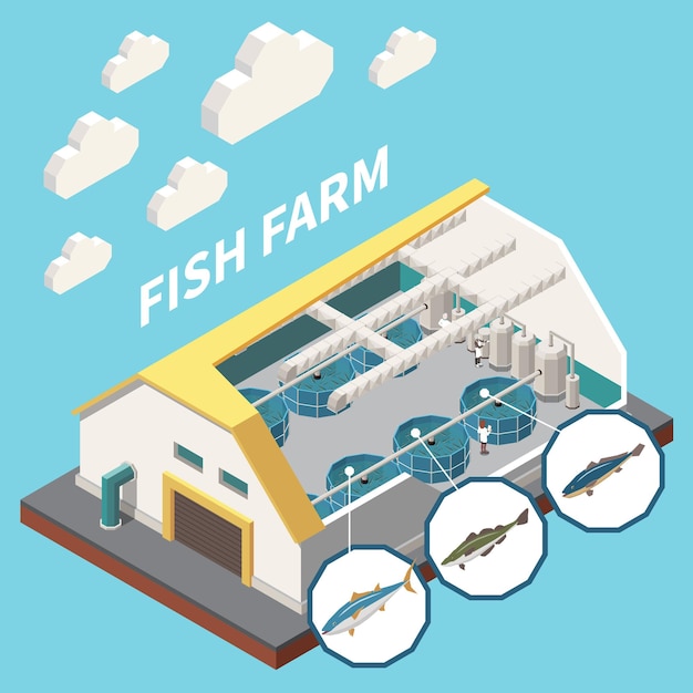 Free vector industrial seafood fish farm indoor aquaculture facility isometric interior view with cutout roof wall sections vector illustration