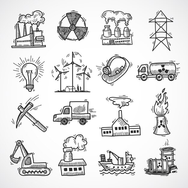 석유 연료 전기 및 에너지 산업 기호 격리 된 벡터 일러스트 레이 션 설정 산업 스케치 아이콘