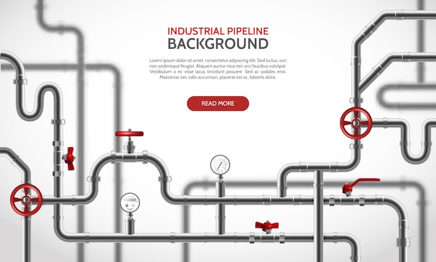 Industrial steel pipeline with red faucets realistic vector illustration