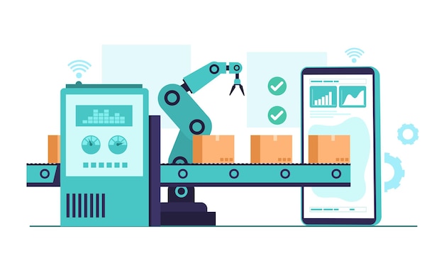 Industry 4.0 illustration with robotic arm. Smart industrial revolution in factory process