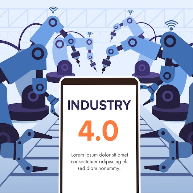 Free vector industry 4.0 illustration with smartphone and robotic arms.